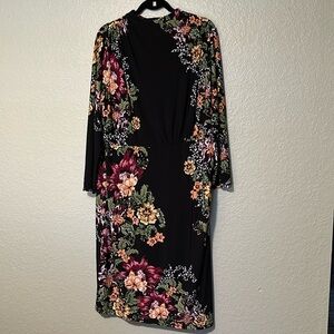 London Times Brand Black and Floral Long Sleeve Thick Jersey Lined Dress 16W